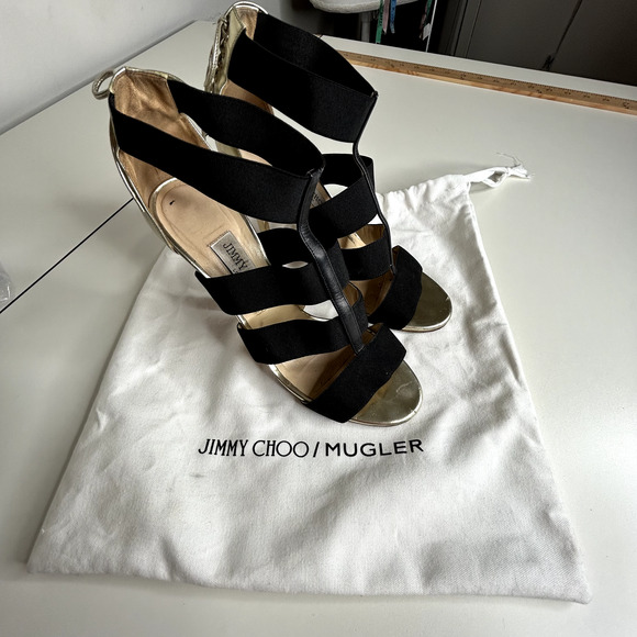 Jimmy Choo Gold Leather and Black Strap Stiletto Heel Peep Toe Sandals 39.5 - Picture 11 of 16